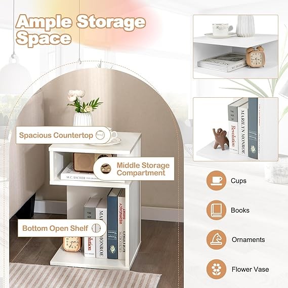 S-Shaped Side Table Set of 2 Modern Narrow Bedside Tables with Storage Shelves
