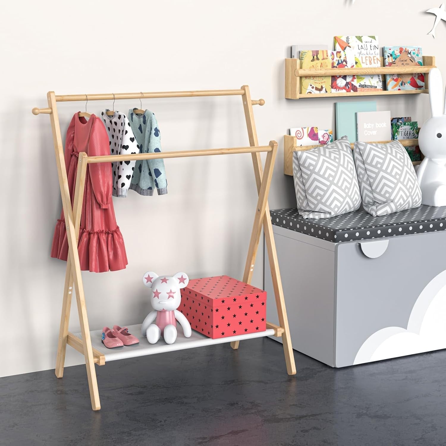 Bamboo Kids Clothing Rack Regular Size Foldable Dress Up Rail with Shelf