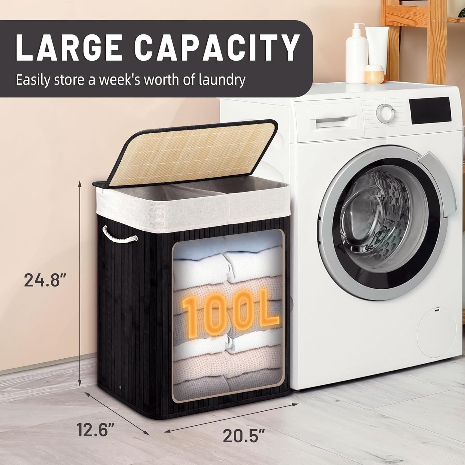 100L Bamboo Laundry Hamper with Lid 2-Section Foldable Clothes Basket Black