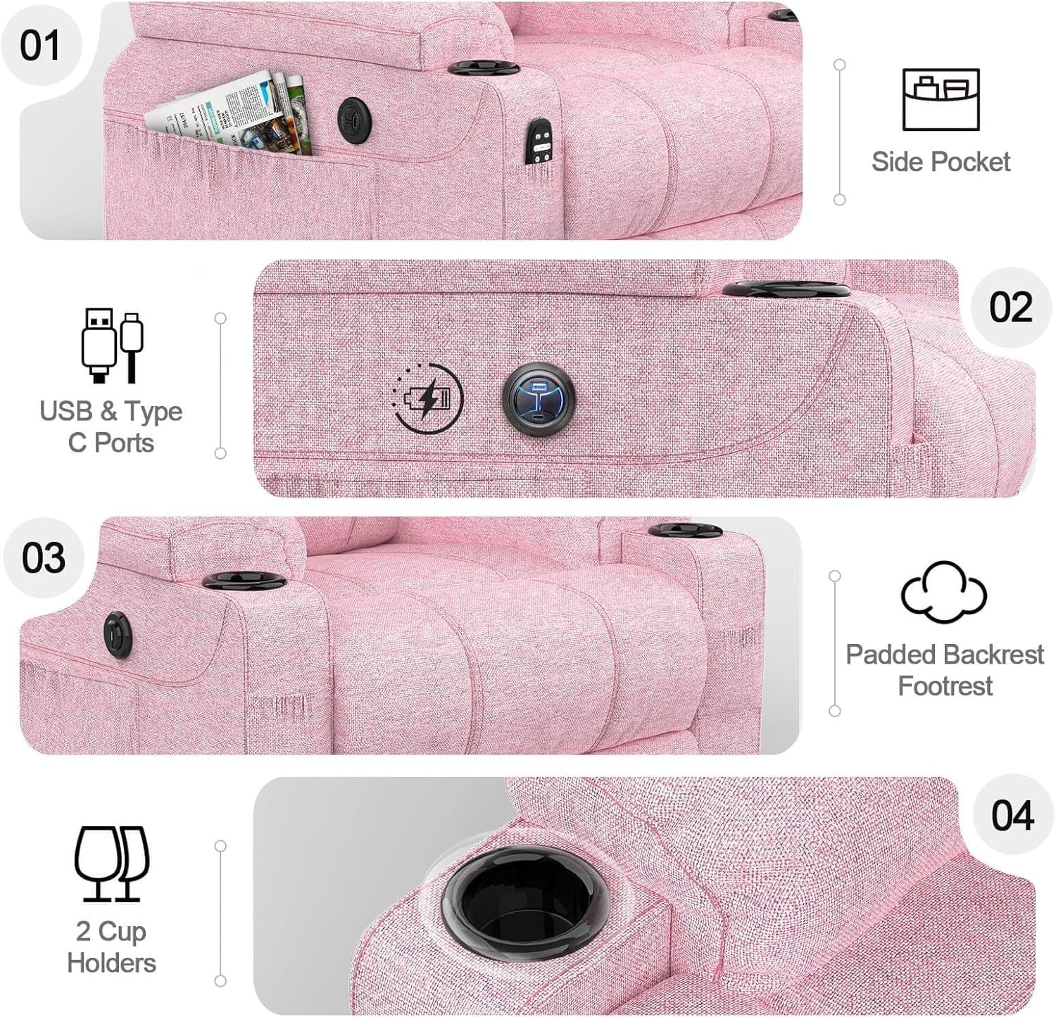 Power Lift Recliner Chair Massage Heat USB Type-C Cup Holders Pink Faux Leather