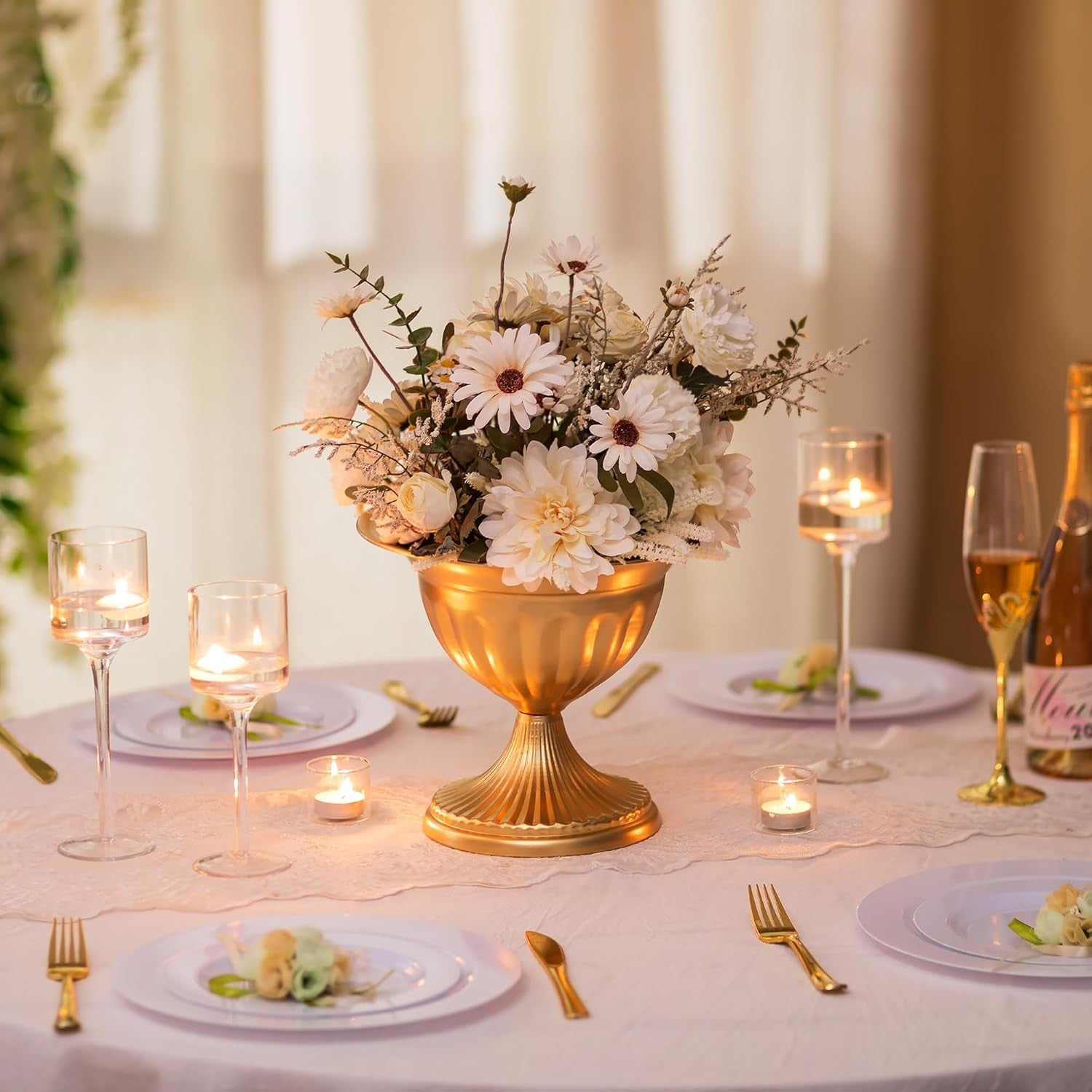 Gold Metal Urn Vase Set of 2 Wedding Table Centerpieces Floral Planters
