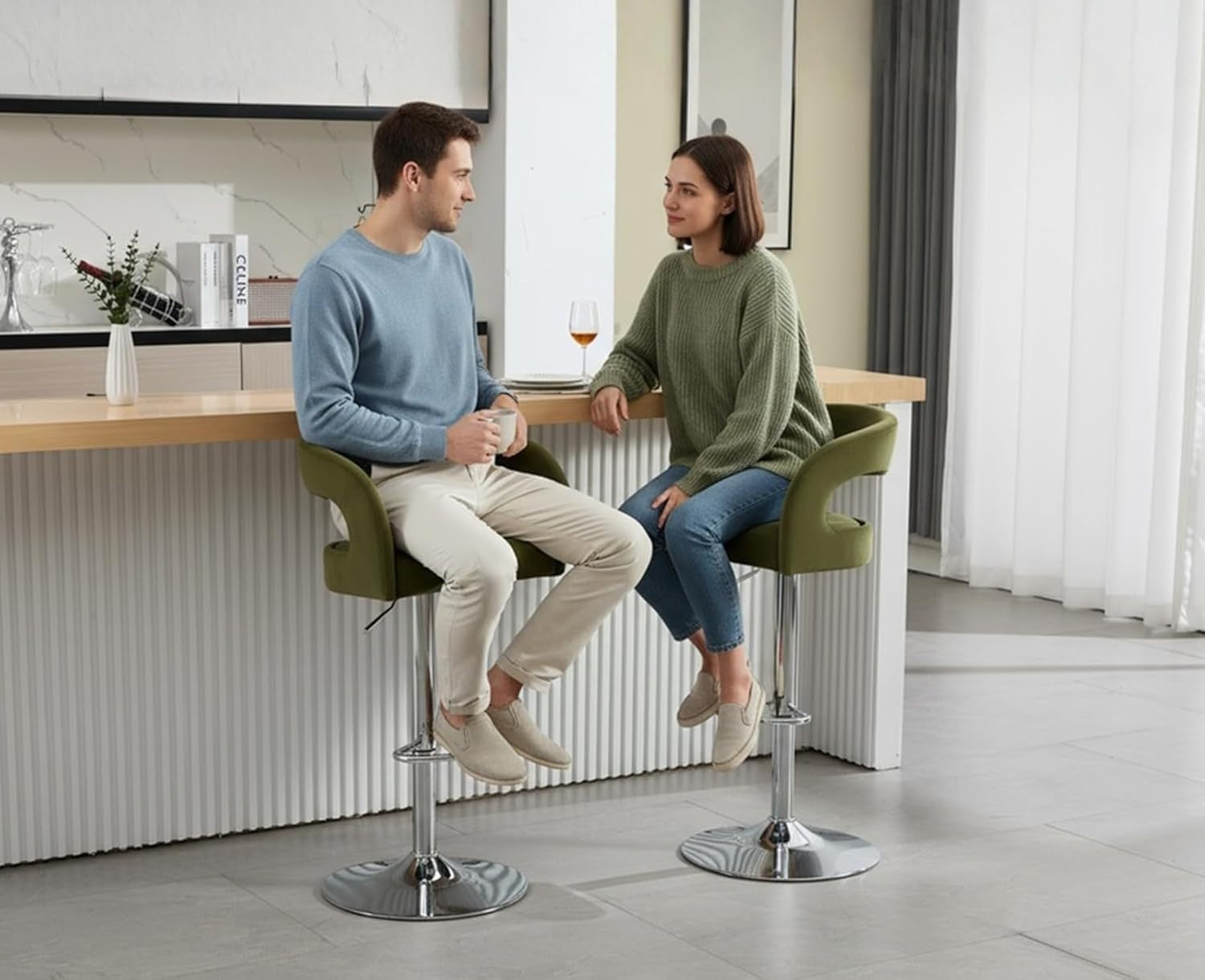 Adjustable Green-2Velvet Bar Stools Set of 2 Swivel Kitchen Counter