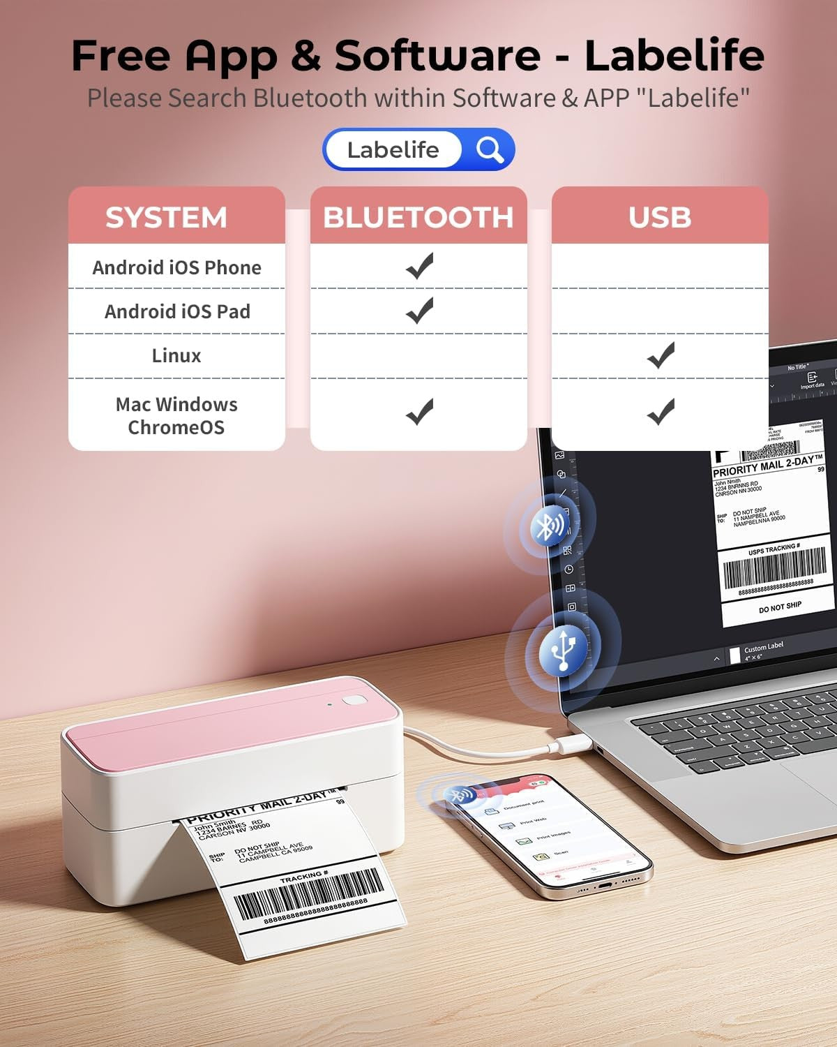 4x6 Bluetooth Thermal Label Printer Shipping Inkless Pink