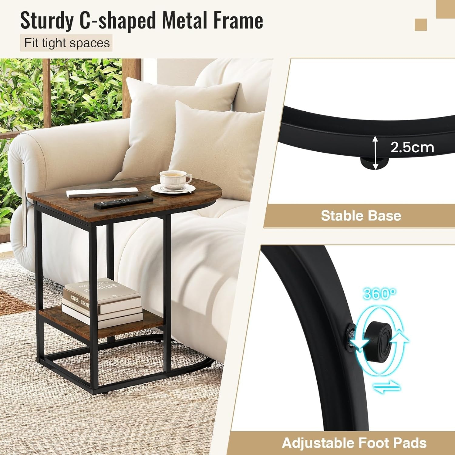 Rustic Brown C-Shaped Side Table with Shelf – Industrial Sofa Laptop Stand