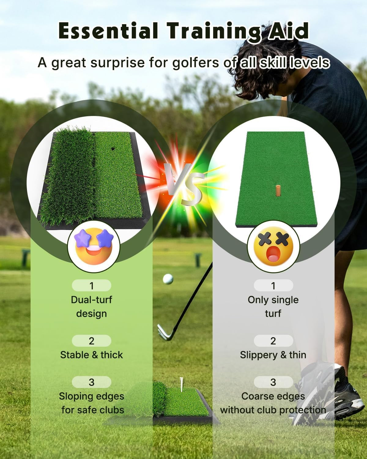 2 in 1 Golf Hitting Mat Practice Turf Non Slip Base 44cm