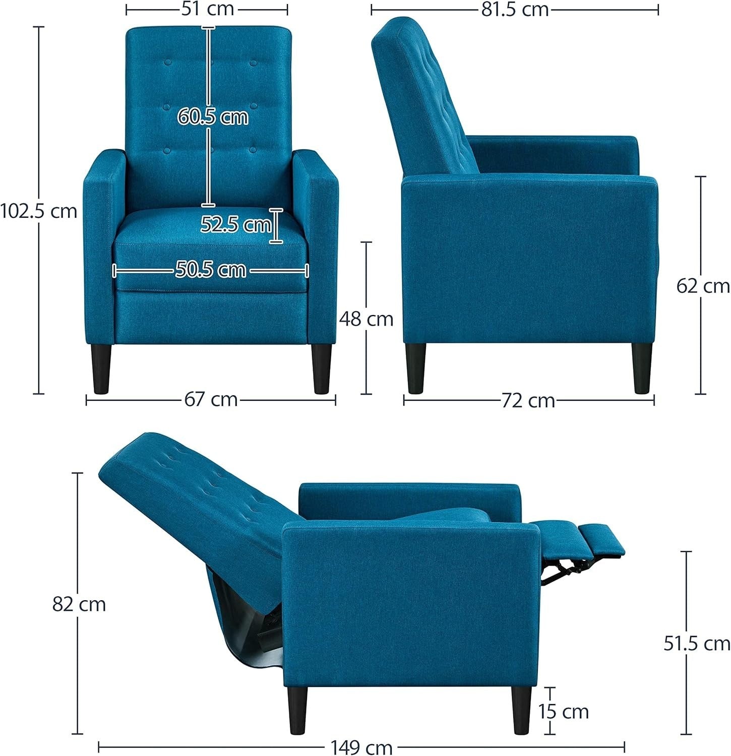 Blue Fabric Recliner Chair Adjustable Padded Seat Sofa Living Room Couch