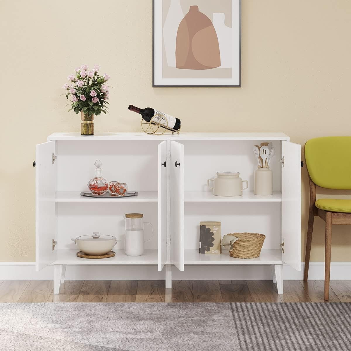 Modern Sideboard Cabinet with 4 Doors, Elevated Legs & Ample Storage