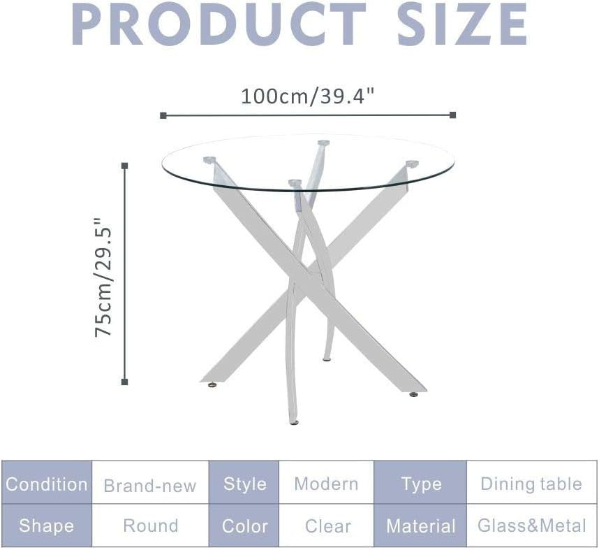 Round Dining Table 100cm Chrome Legs Tempered Glass Modern Kitchen