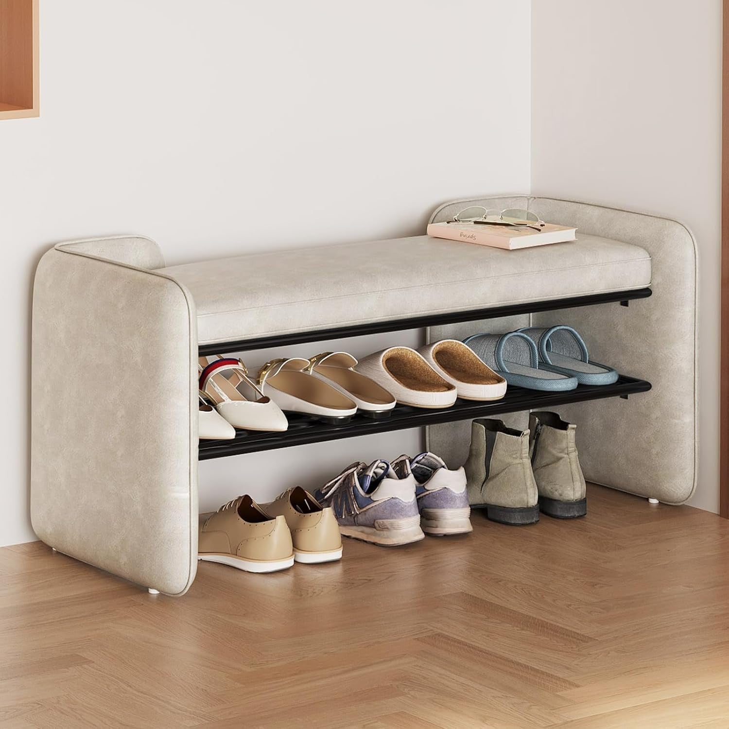 Beige 2-Tier Entryway Shoe Bench with Padded Cushion – 47.24" Modern Storage