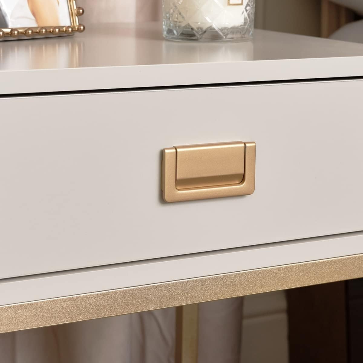Modern Gold Frame Bedside Tables with Drawer & Shelf – Taupe Beige Pair