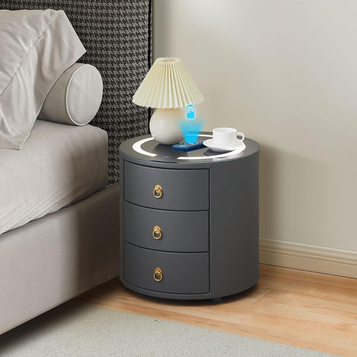 Luxury Round Bedside Table with Wireless Charging, LED Light & 3 Drawers