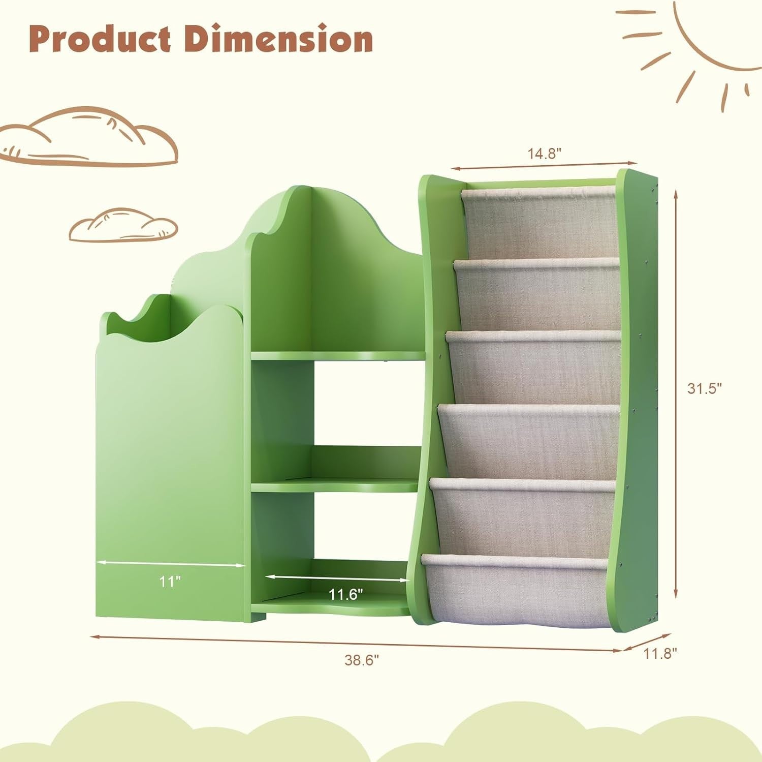 Kids Wooden Bookshelf & Toy Storage Organizer with 5 Sling Pockets & Doors