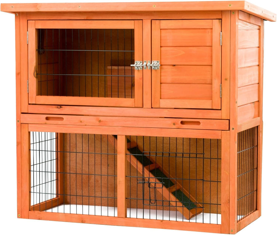 3ft Rabbit Hutch Double Decker Outdoor Wooden Guinea Pig Cage with Run Ramp