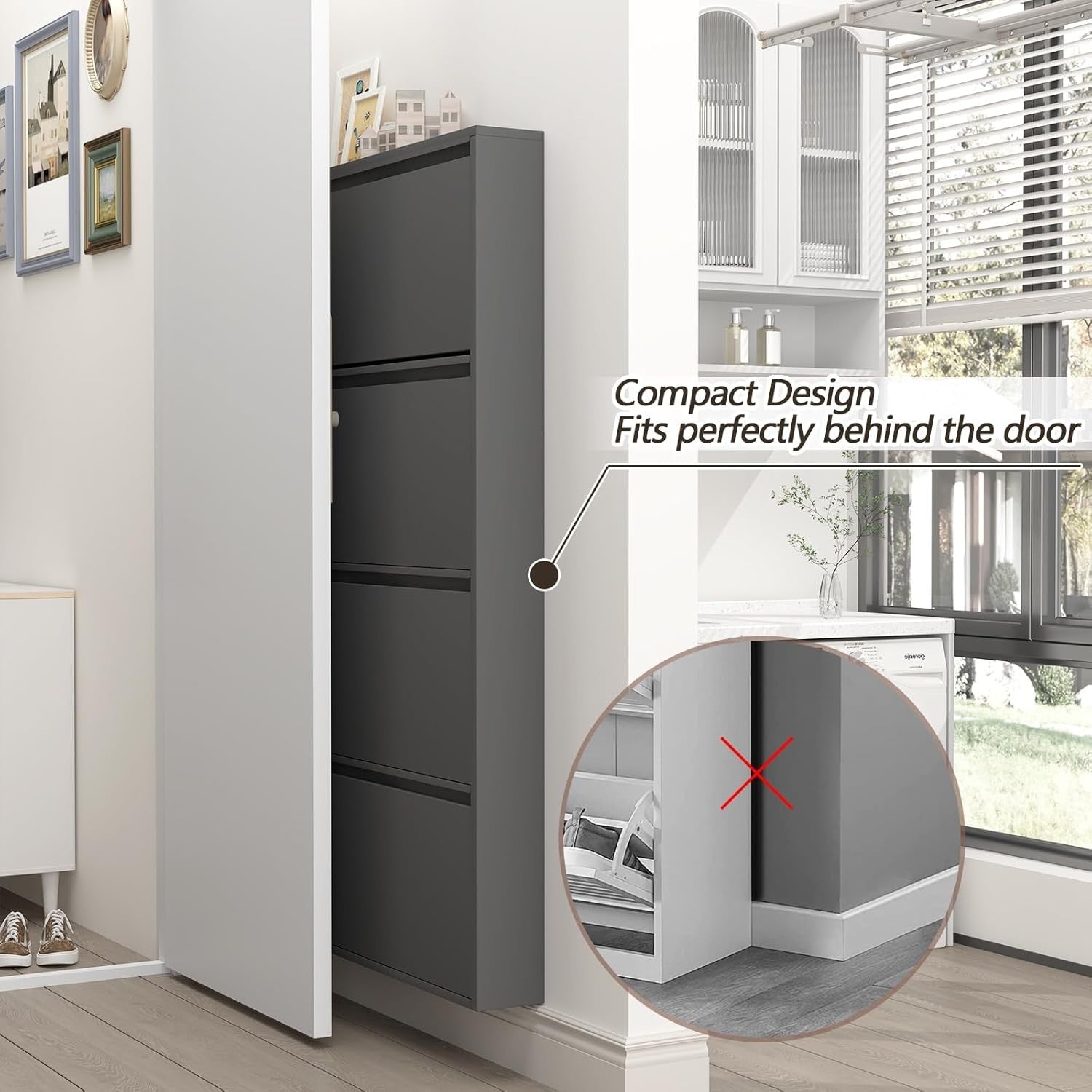 Wall Mounted Narrow Metal Shoe Cabinet 4 Flip Drawers Space Saver