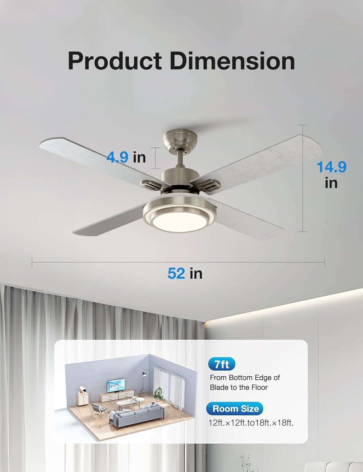 Warmiplanet 52" Ceiling Fan, LED Light Kit, Remote, 4 Blades, Nickel