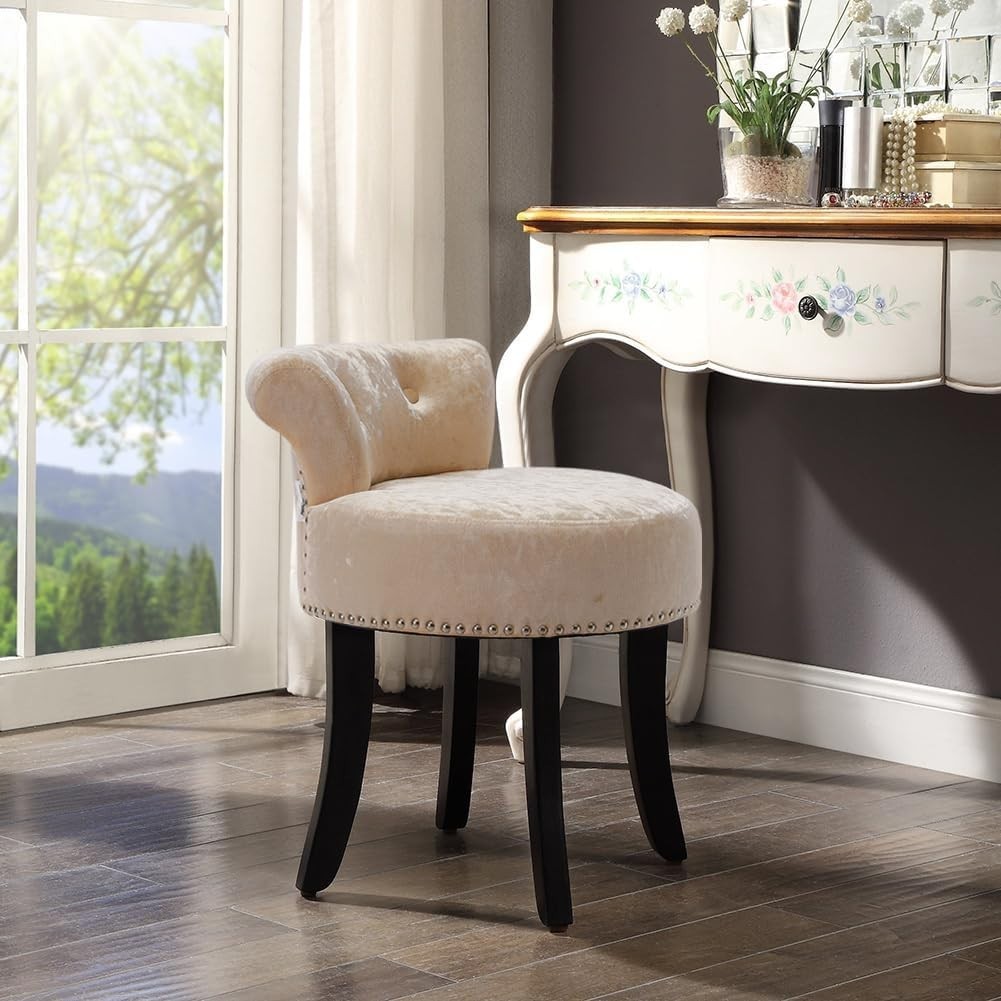 Velvet Tufted Back Dressing Table Stool – Solid Wood Legs Makeup Chair
