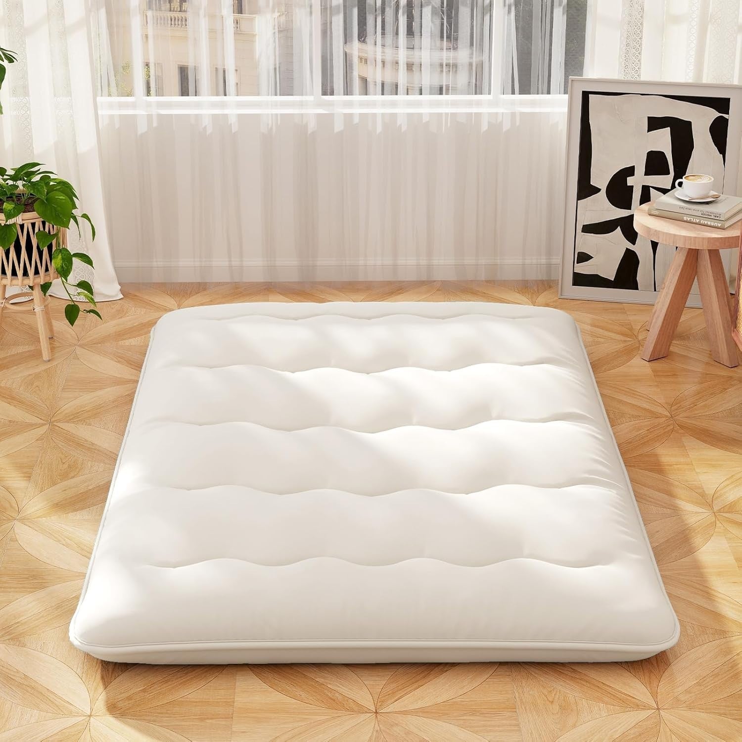 10cm Thick Beige Double Japanese Futon Mattress Foldable Washable Tatami Mat