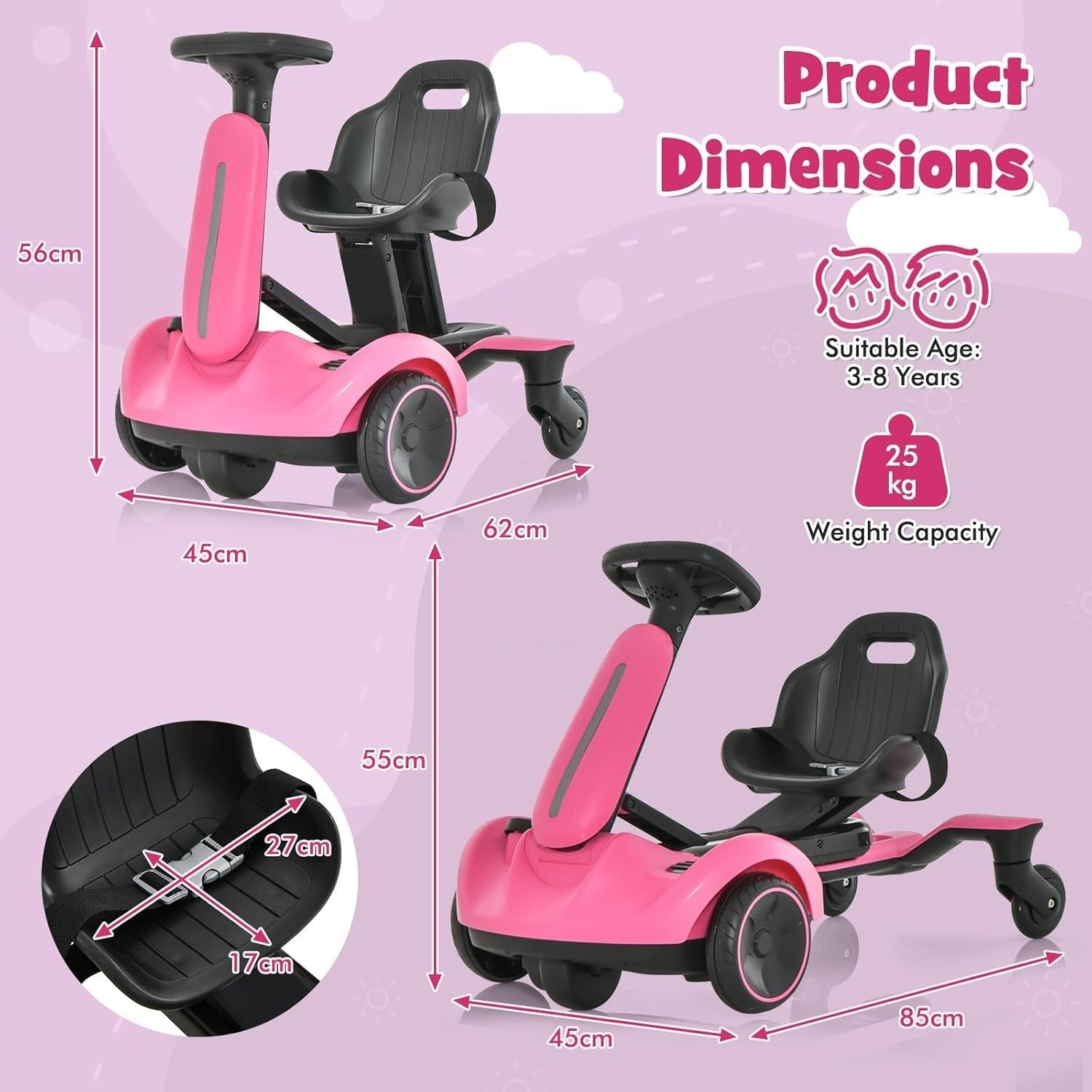 Kids Electric Drift Go Kart 6V Ride On Car 360 Spin Adjustable Seat Pink