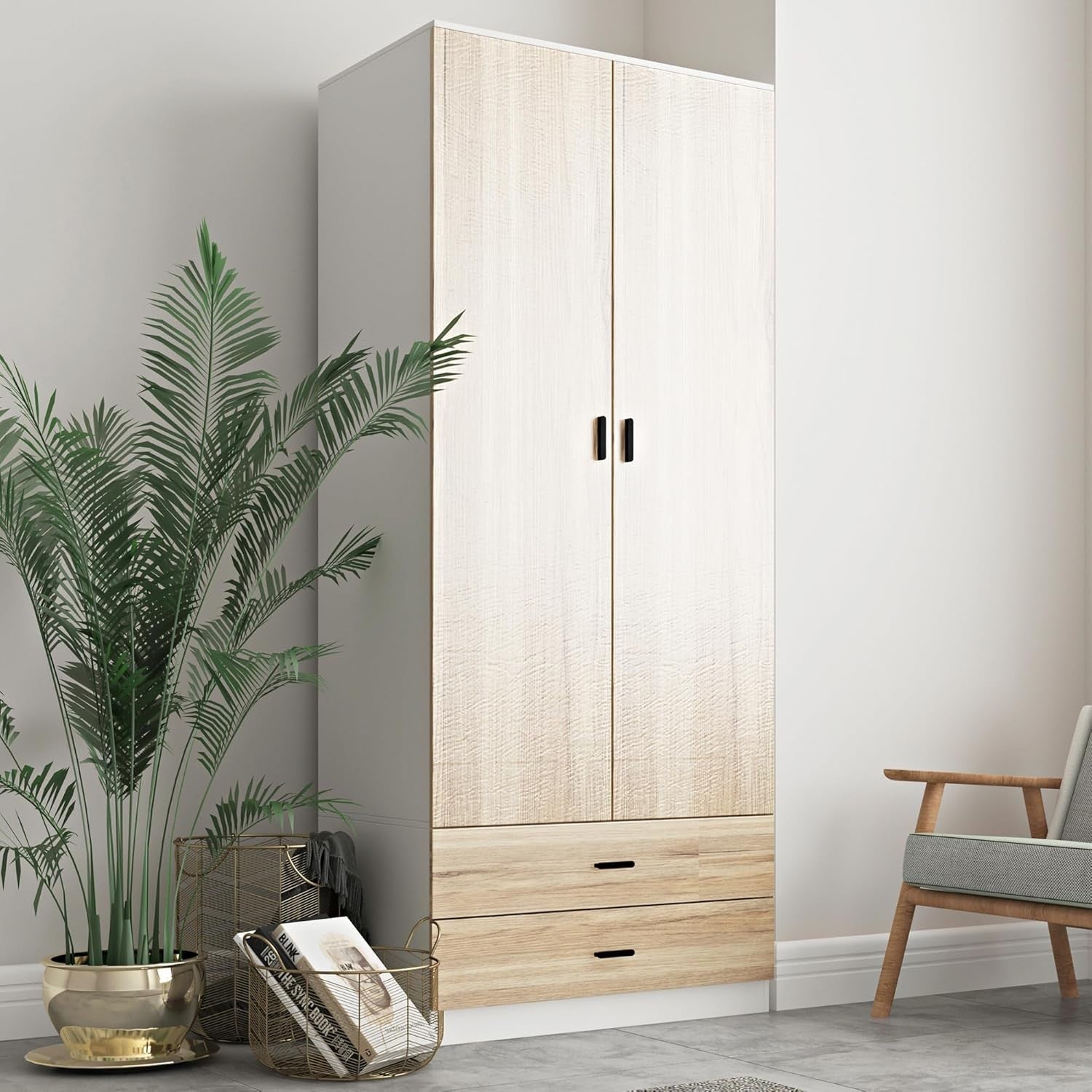 2 Door Wardrobe Oak Drawers Storage Unit With Rail for Bedroom Clothes