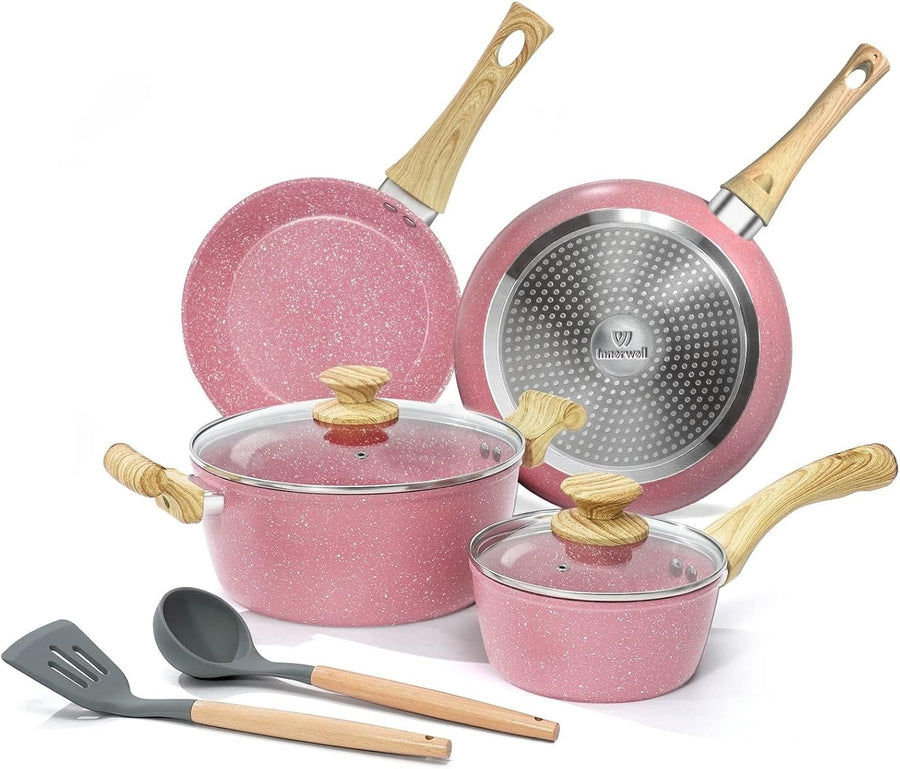 8Pcs Pink Ceramic Non-Stick Cookware Set Induction Ready Frying Pans & Saucepan