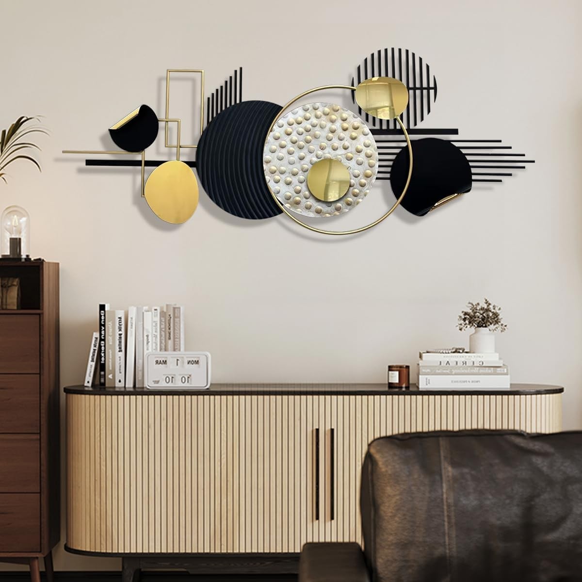 Modern Metal Wall Art Black Gold Geometric Sculptures for Living Room