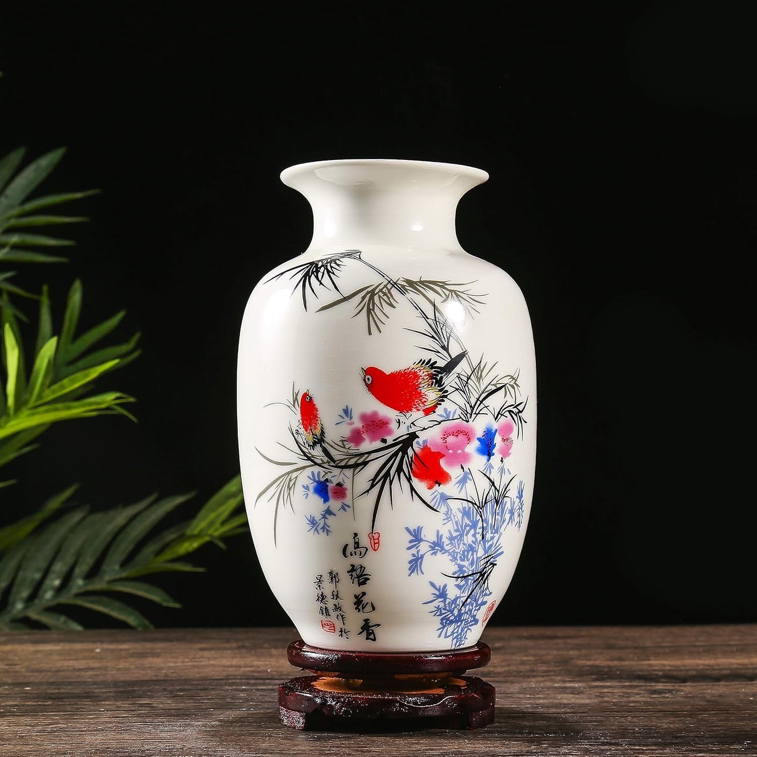 Chinese Porcelain Flower Vase Hand Painted Bird Floral White Ceramic 22cm