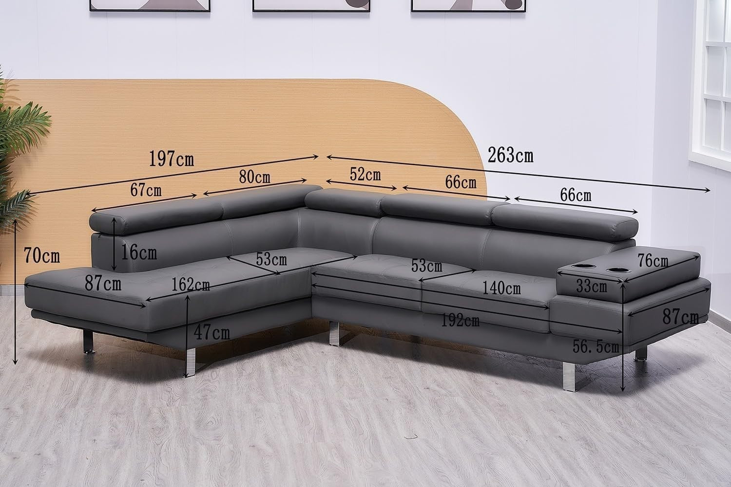 Black Bonded Leather L-Shape Corner Sofa with Adjustable Headrests & Cup Holders