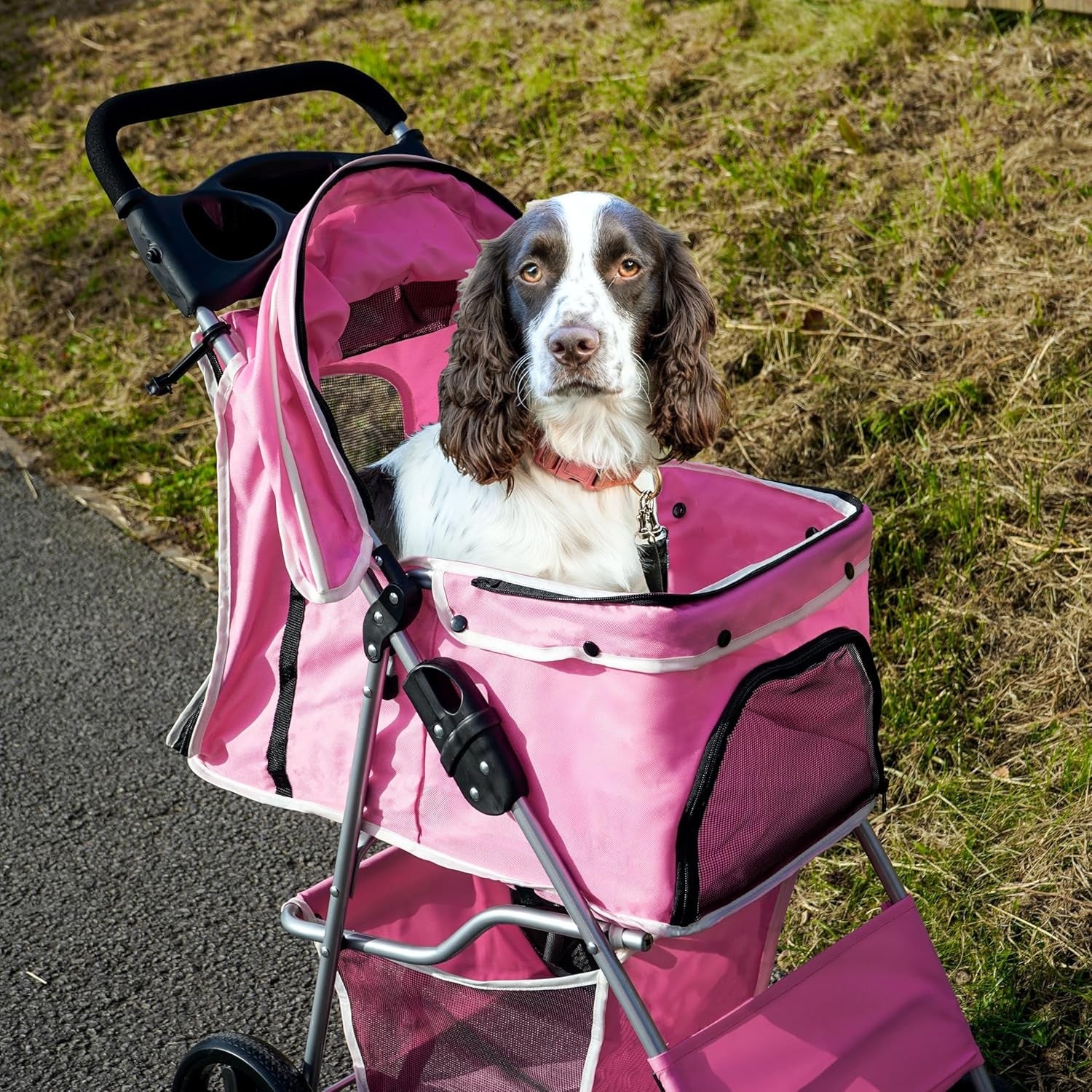 Pink Pet Stroller Pushchair Foldable Dog Cat Pram 15kg with Brakes