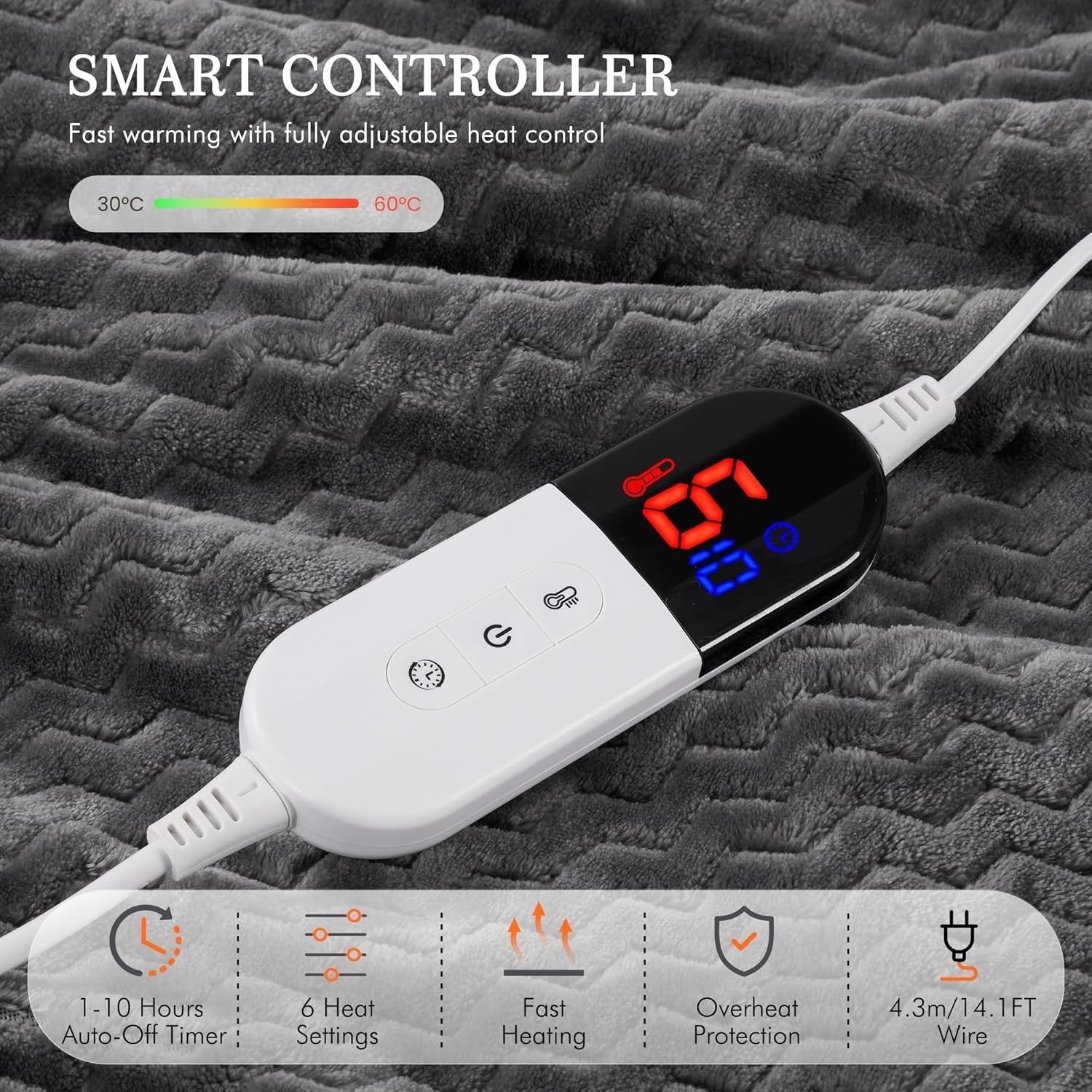 Electric Heated Throw Blanket 6 Heat Settings Auto Off Washable 130x180cm