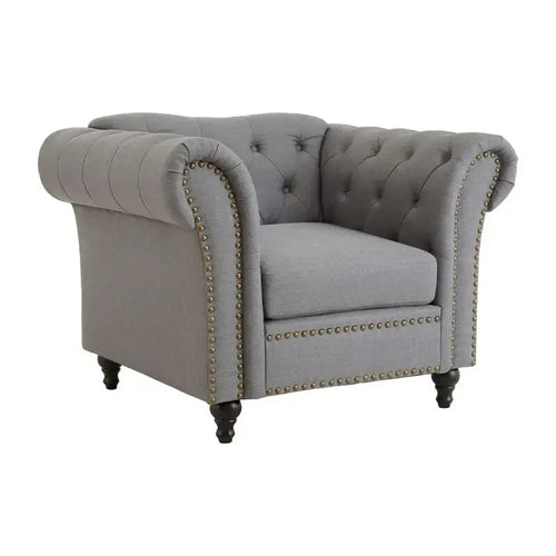 Grey Chesterfield Armchair – Button Tufted Fabric Chair, Classic Accent
