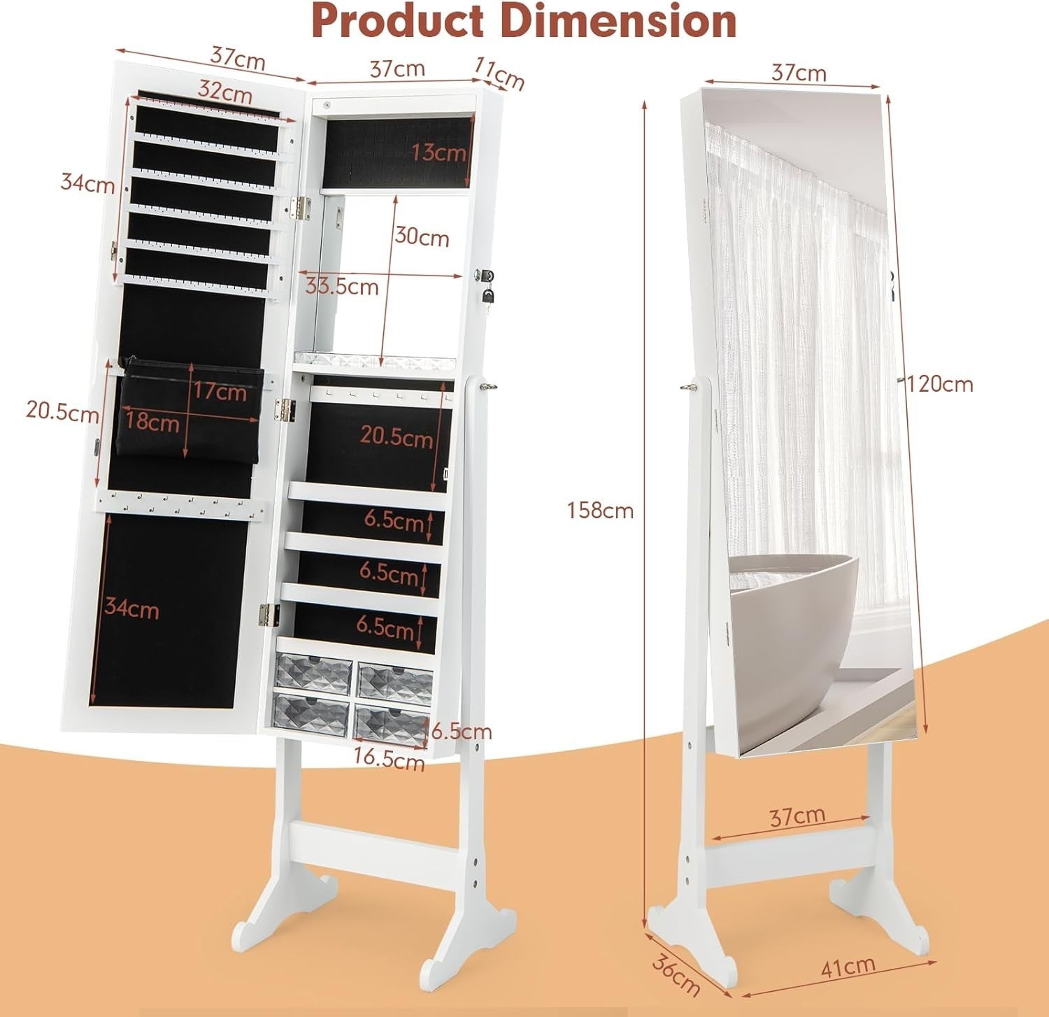 White Standing Jewelry Armoire Mirror LED Lights Lockable Adjustable Storage