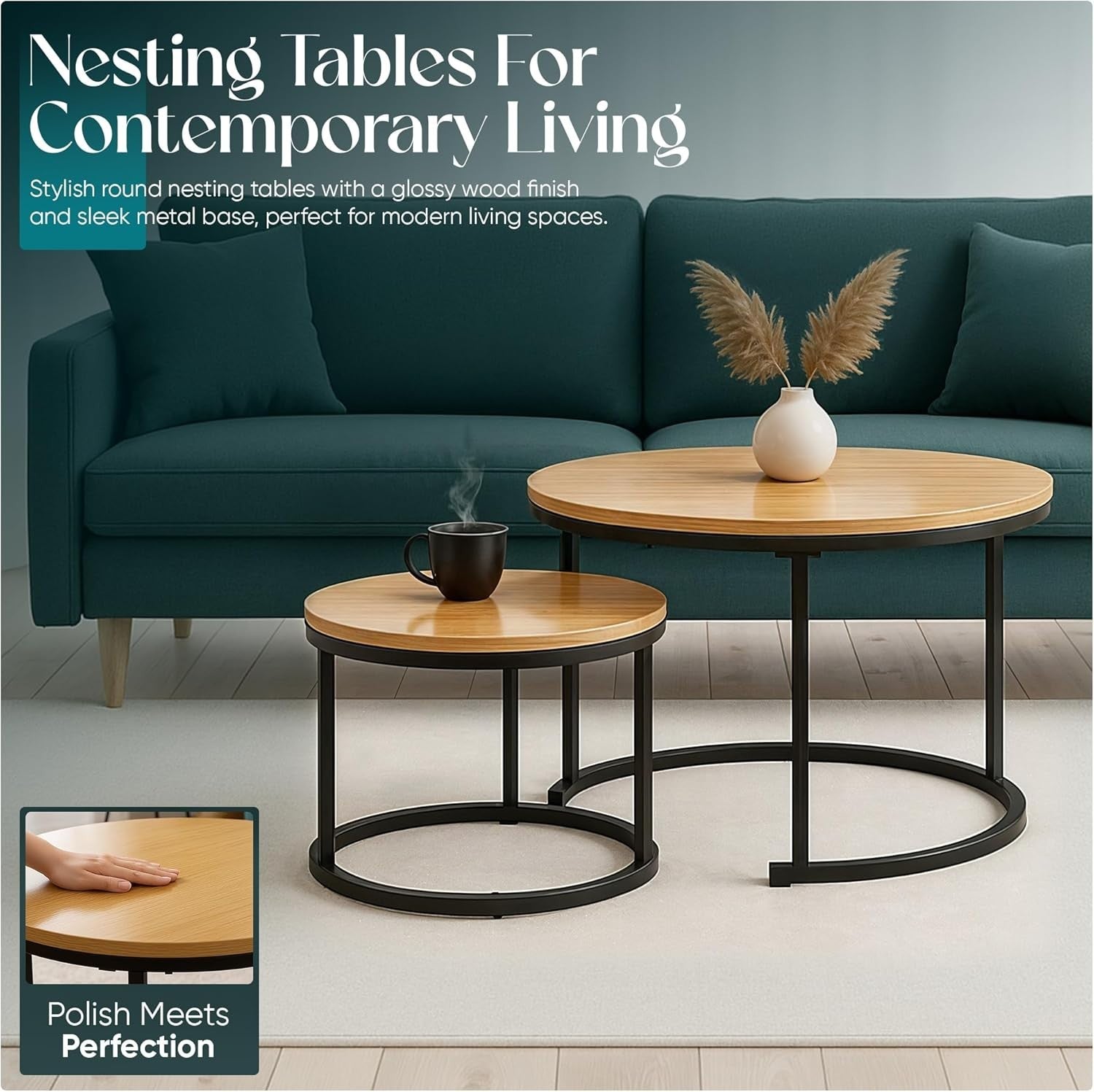 Round Nested Coffee Table Set Oak Wood Stackable Space Saver Living Room End Tab