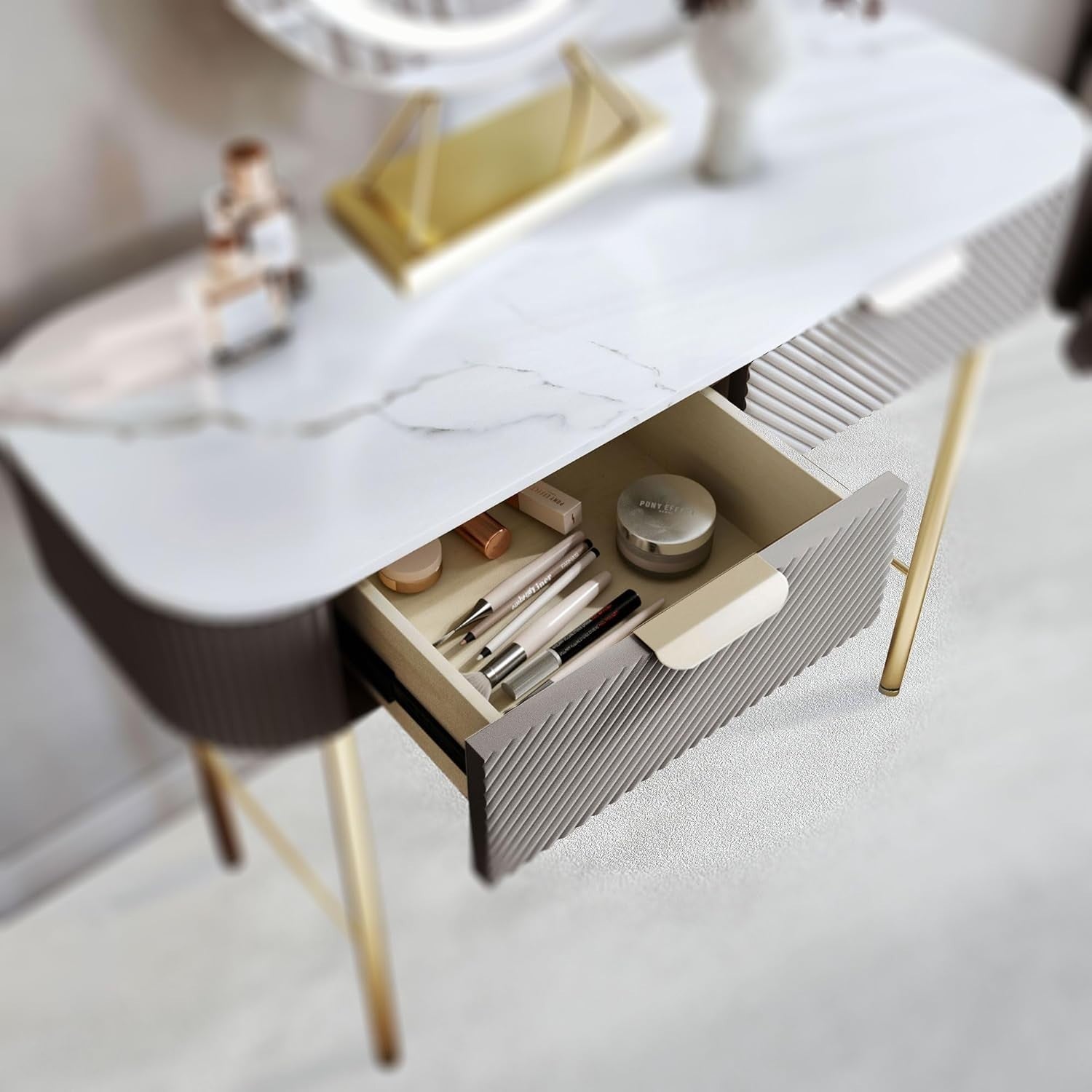 Modern Dressing Table Vanity Console Mocha Gold 2 Drawer Dimmable LED Light
