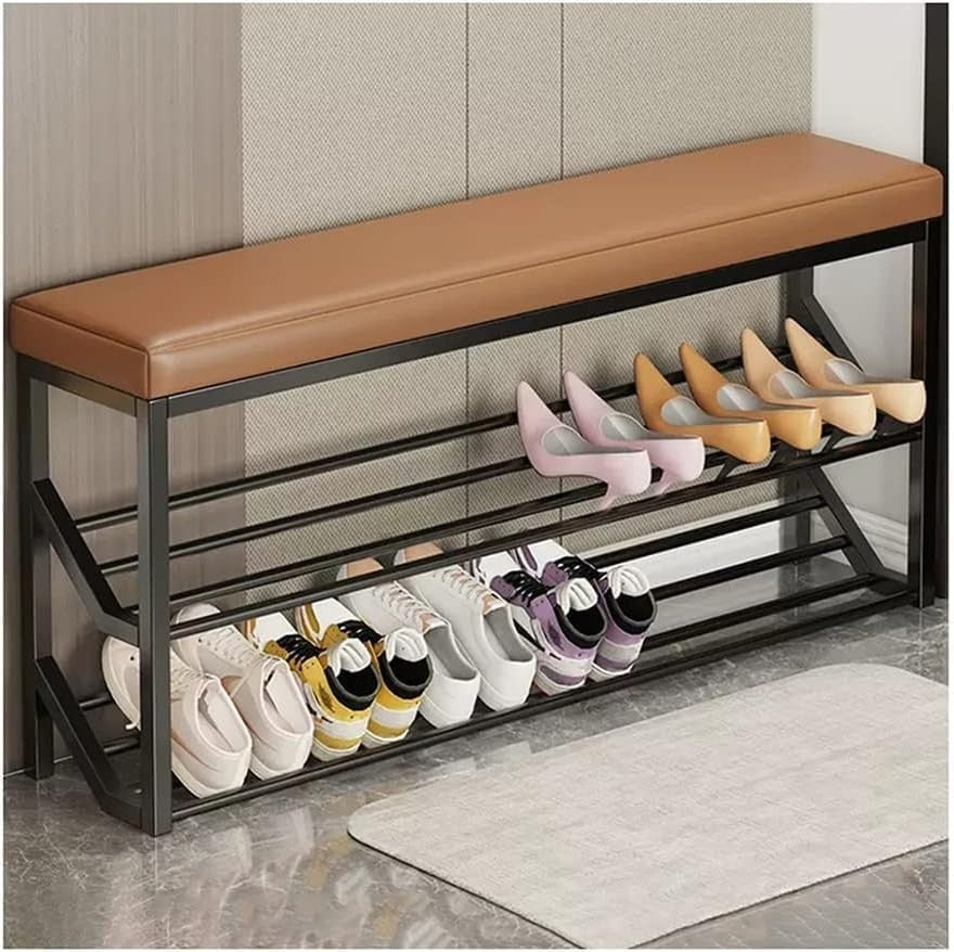 Stylish 2-Tier Entryway Shoe Bench with Cushion & Metal Storage Rack