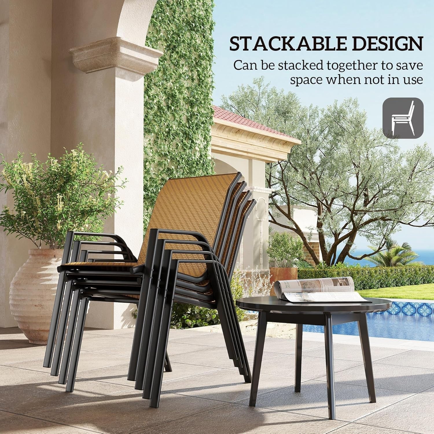 Stackable Rattan Garden Chairs Set of 4 Outdoor Dining Armchairs Patio
