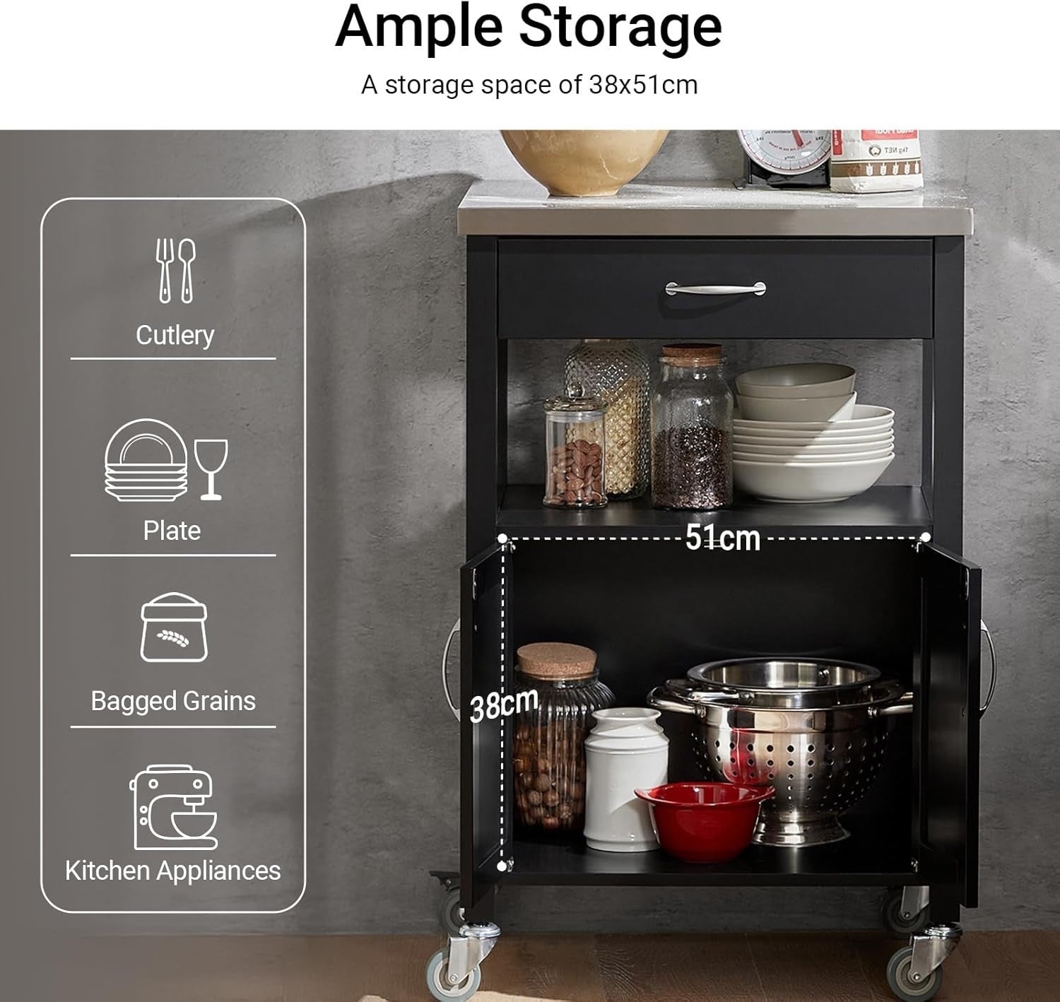 Kitchen Trolley Cart Stainless Steel Top Storage Cabinet