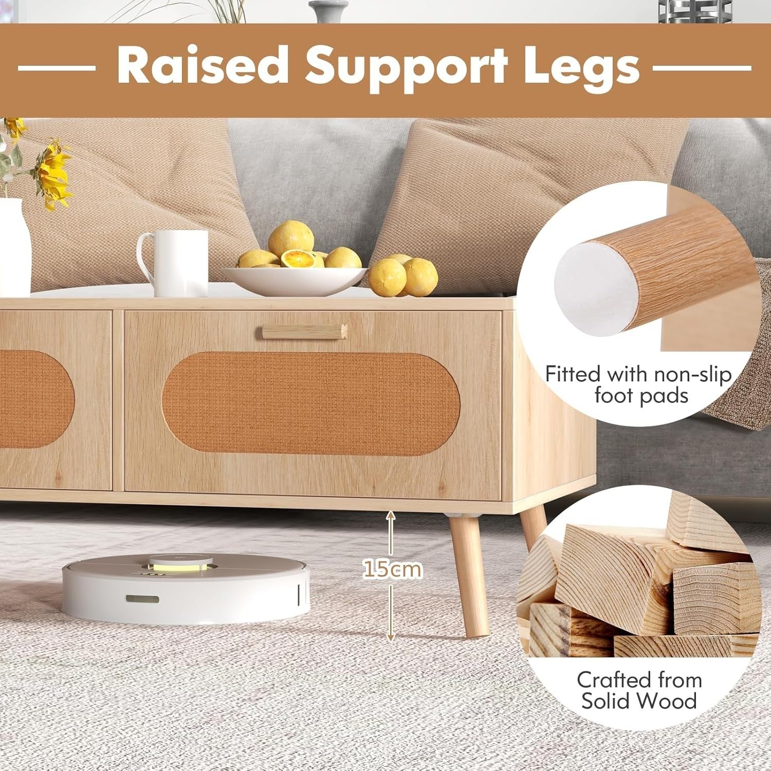 Wooden Coffee Table with 2 Rattan Drawers Storage & Solid Wood Legs 100x50x41cm