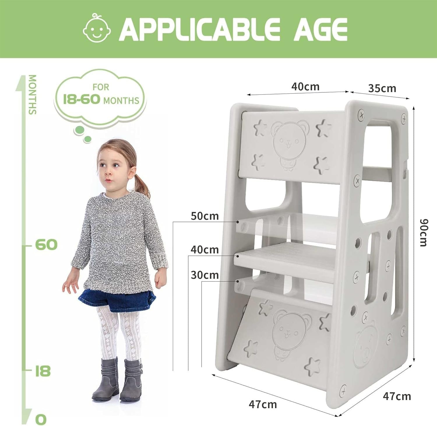 Adjustable Kids Step Stool with Safety Rail, Non-Toxic Durable Kitchen Helper