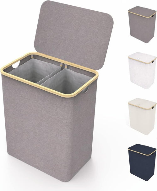 150L Double Laundry Basket with Lid & Bamboo Frame, Grey Hamper 57×37×71cm