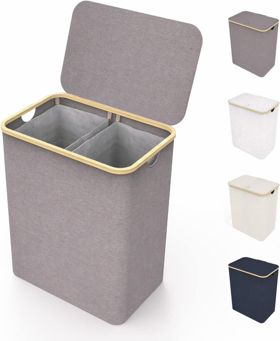 150L Double Laundry Basket with Lid & Bamboo Frame, Grey Hamper 57×37×71cm