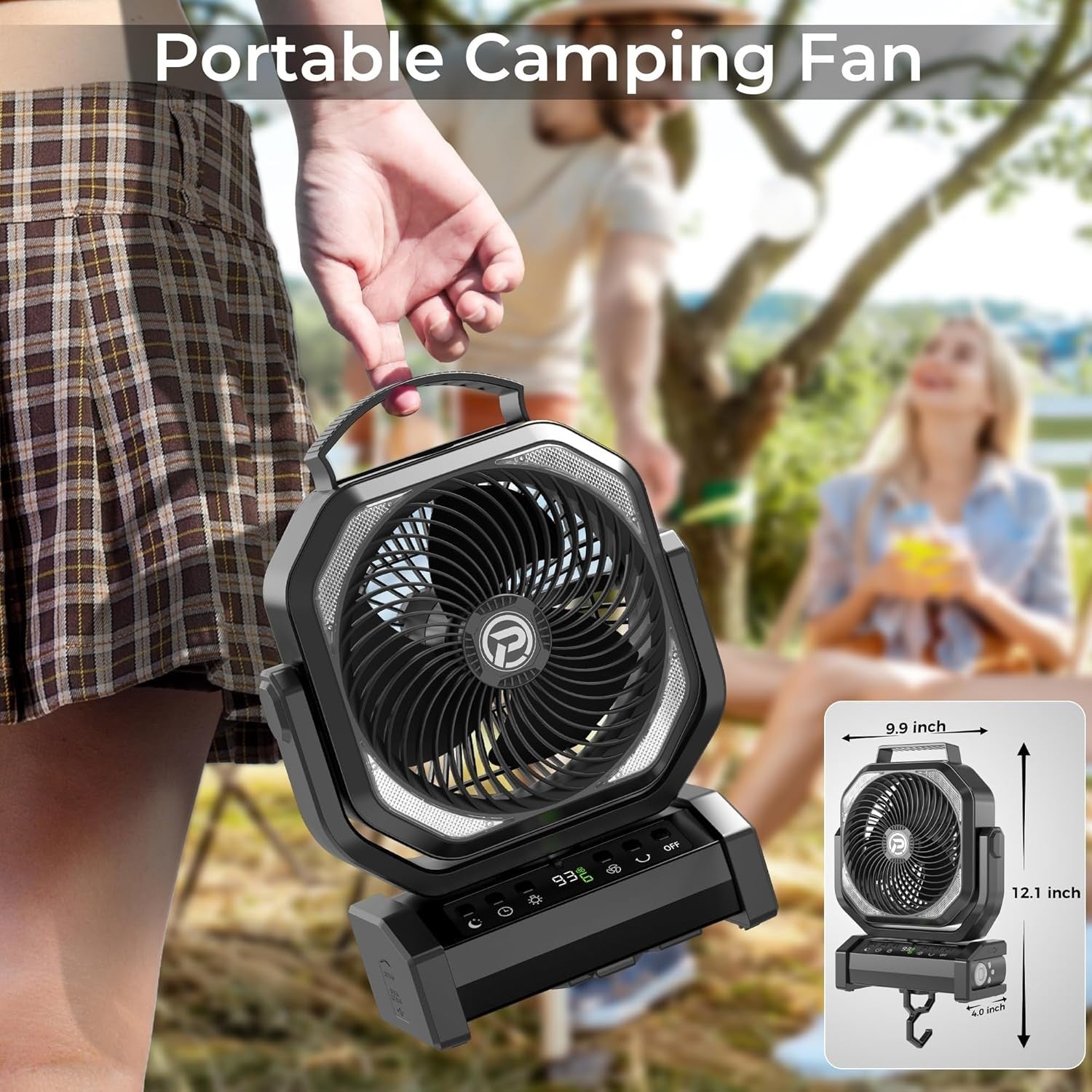 Black Camping Fan – 20000mAh Rechargeable w/ LED Light, 9 Speeds & Remote Timer