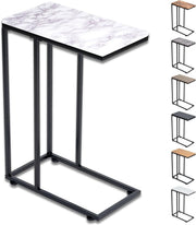 C Shaped Side Table, White Marble Effect Coffee Table for Sofa, Laptop & Snacks