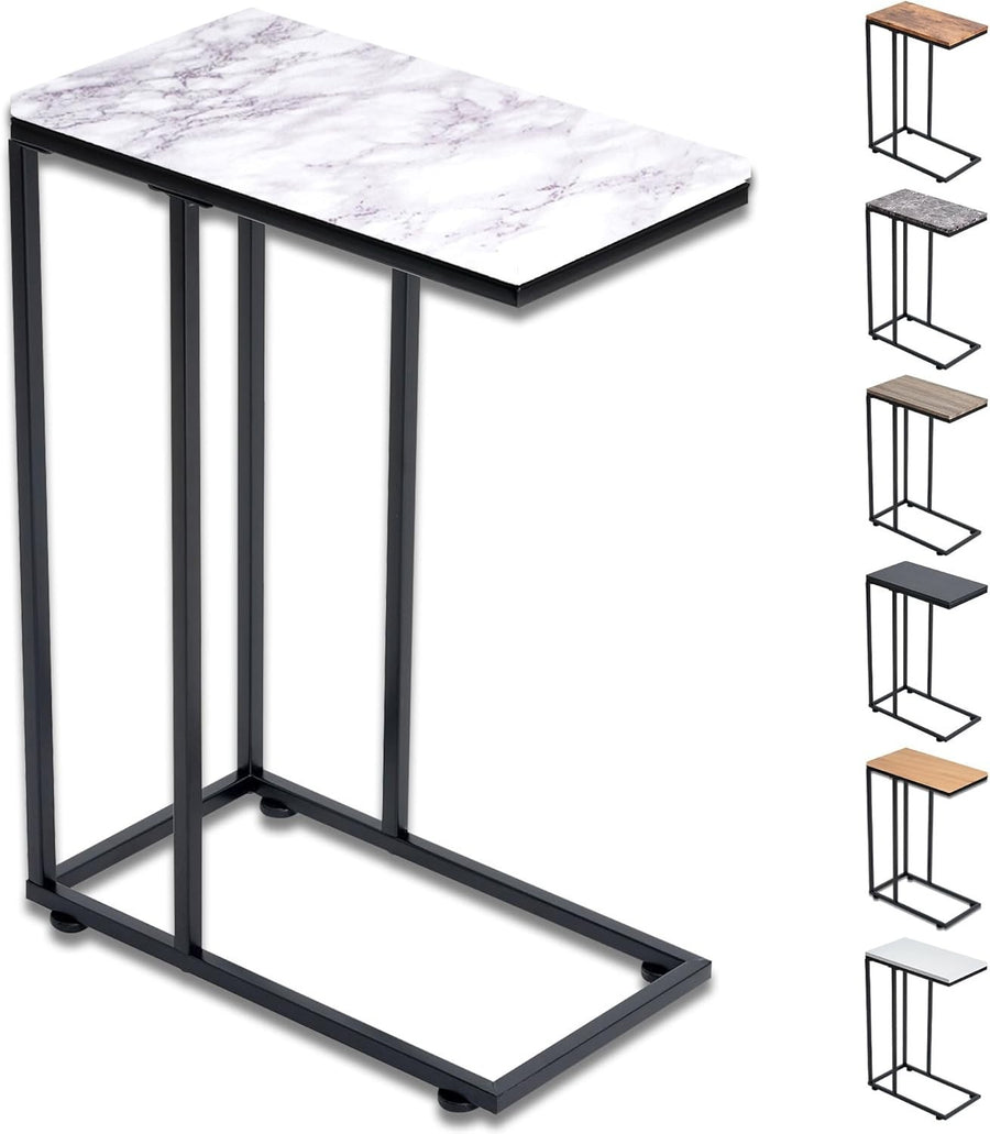 C Shaped Side Table, White Marble Effect Coffee Table for Sofa, Laptop & Snacks