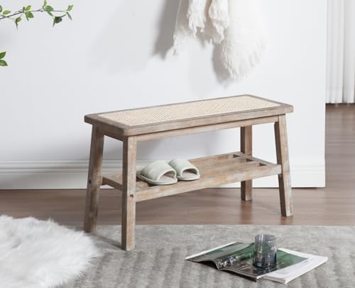 Mid Century Rattan Hallway Bench with Storage Rustic Wood Seat 75×30×44cm