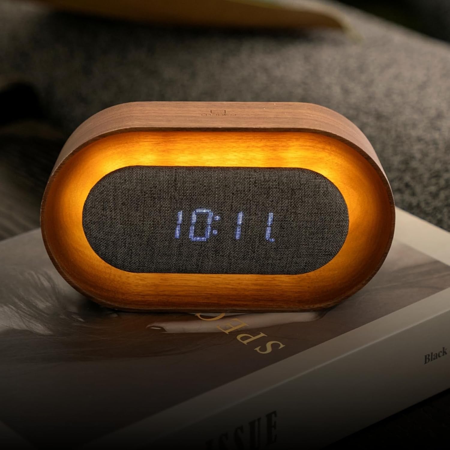 Wood LED Alarm Clock Ambient Light Touch Control Rechargeable Modern Bedside