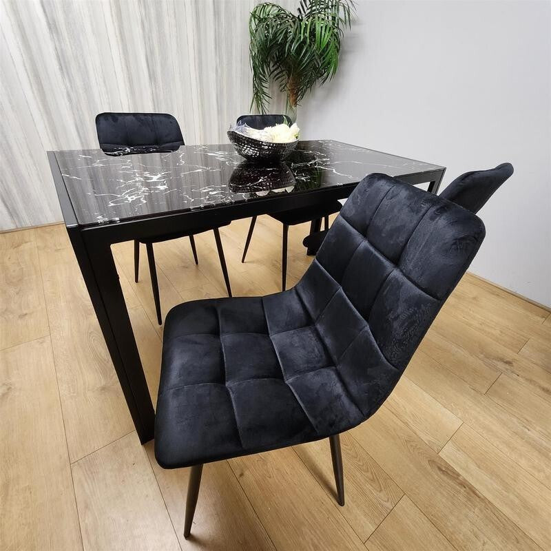Black Marble Glass Dining Table Set with 4 Velvet Chairs Modern 120cm