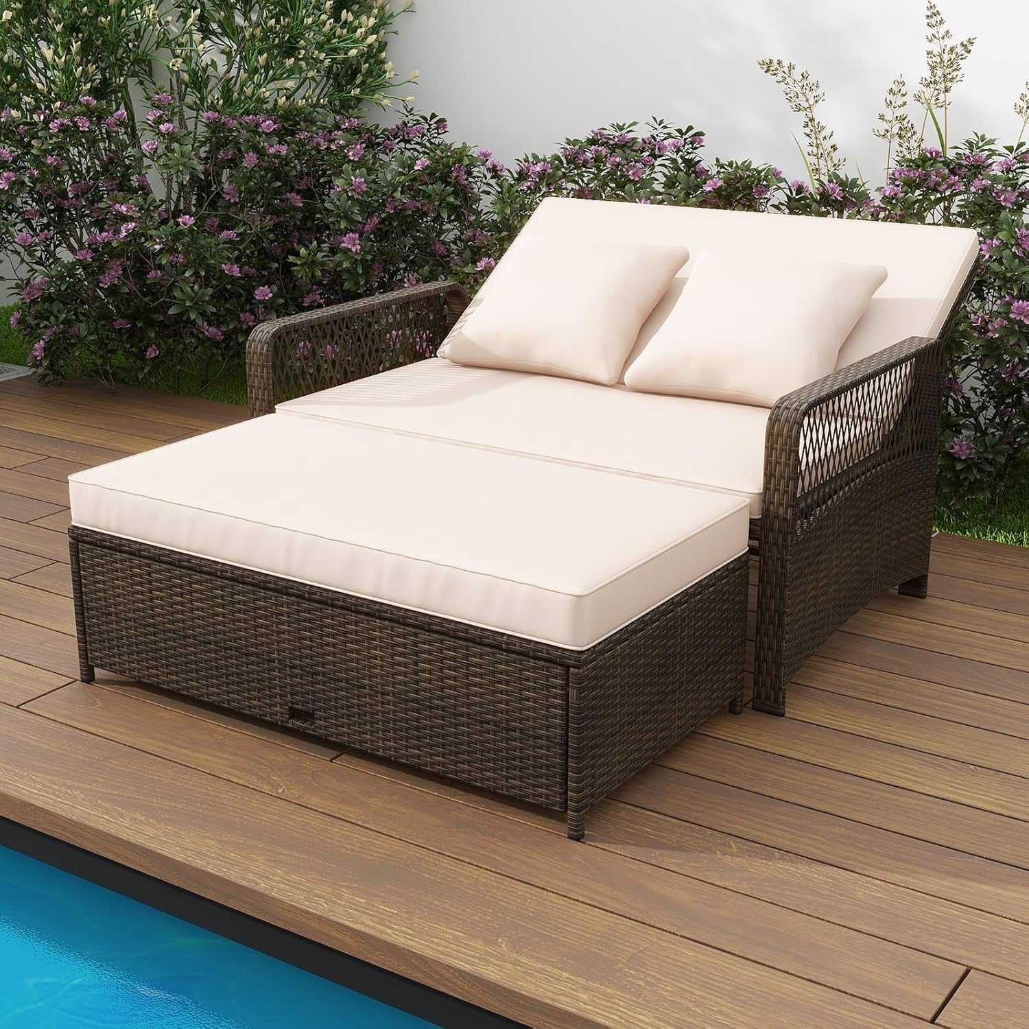 Adjustable Rattan Daybed with Storage Ottoman & Cushions – Outdoor Sofa