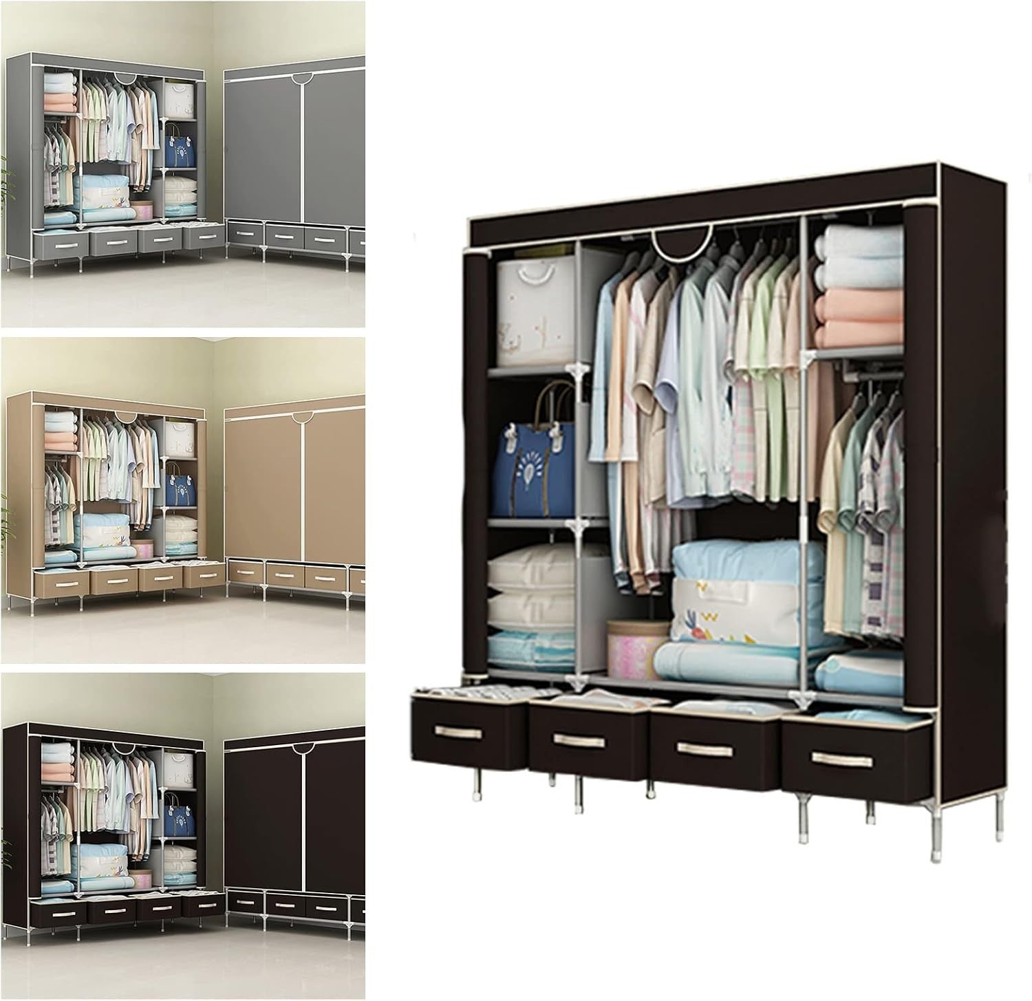 Large Canvas Wardrobe with Drawers Hanging Rail Shelves Dustproof 150cm