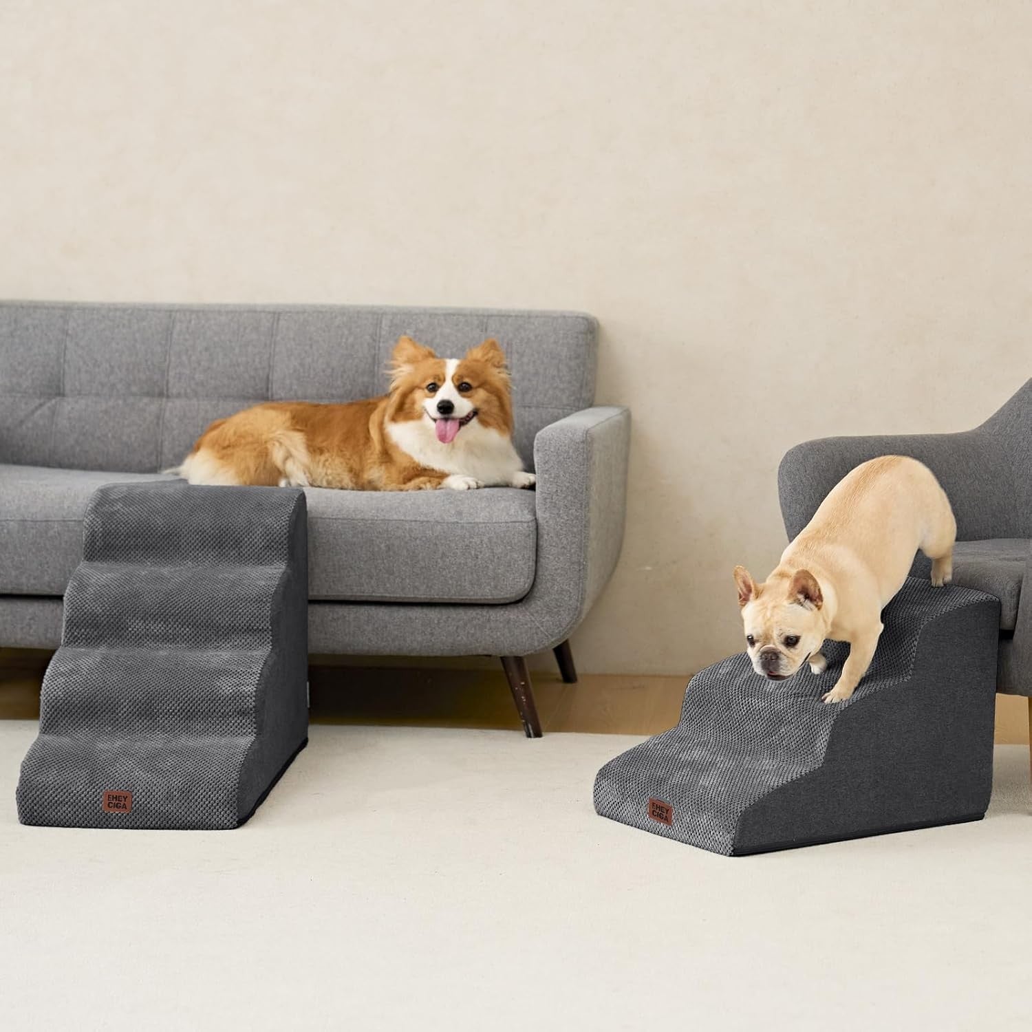 3 Step Dog Stairs for Bed Sofa Non Slip Foam Pet Steps Washable Grey