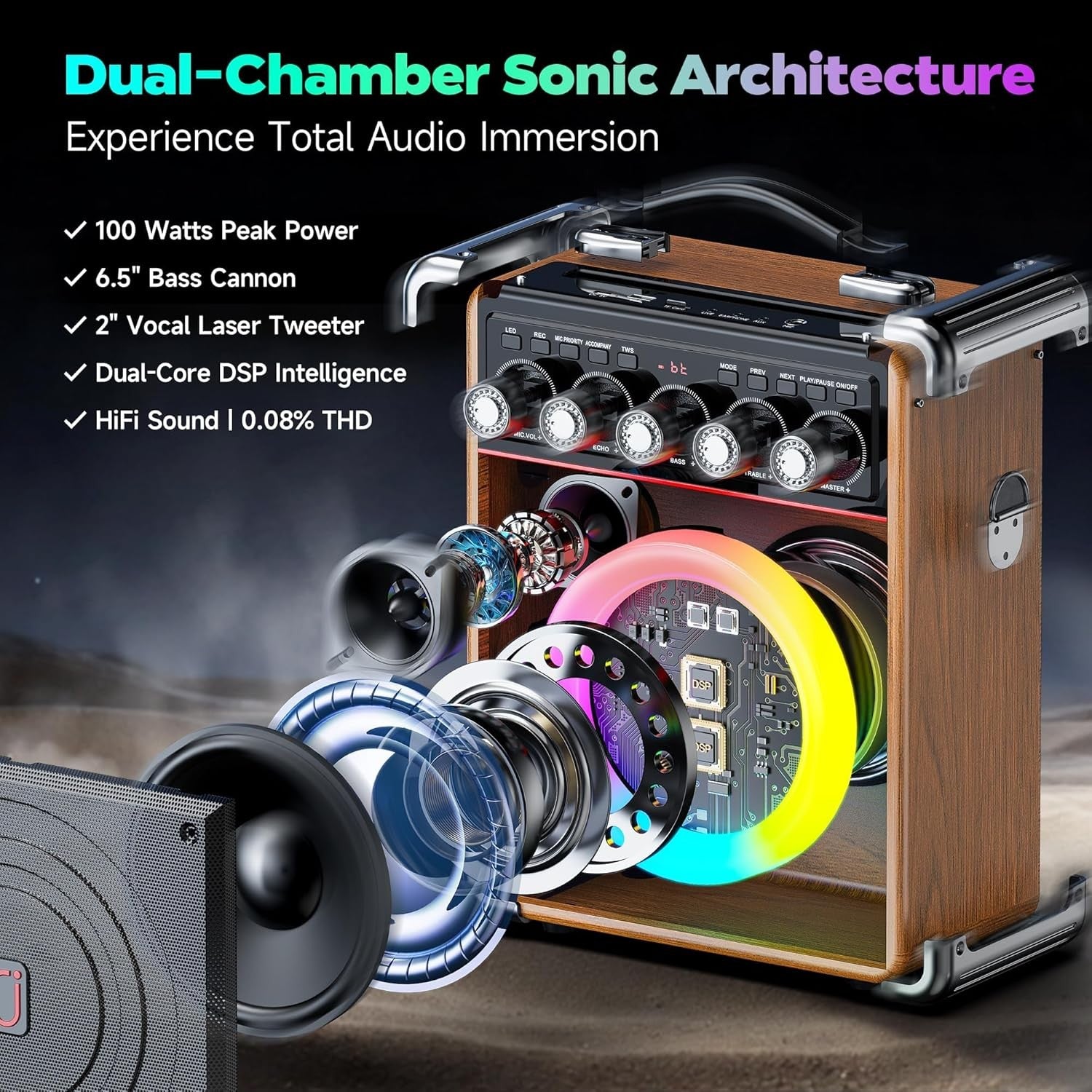 Bluetooth 5.3 Karaoke Machine with 2 Wireless Mics RGB PA